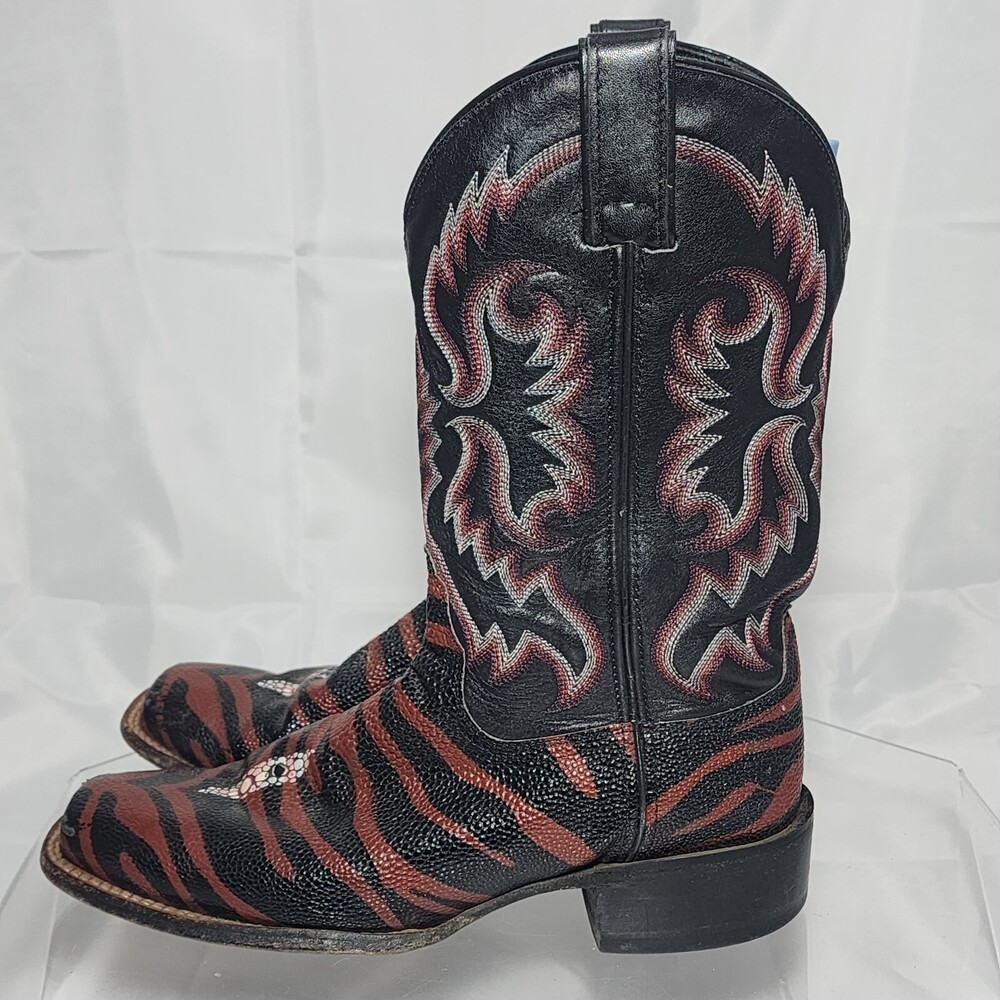 Nocona Black/Red Leather Women 9.5 B Square Toe Western Cowgirl Boots Embossed